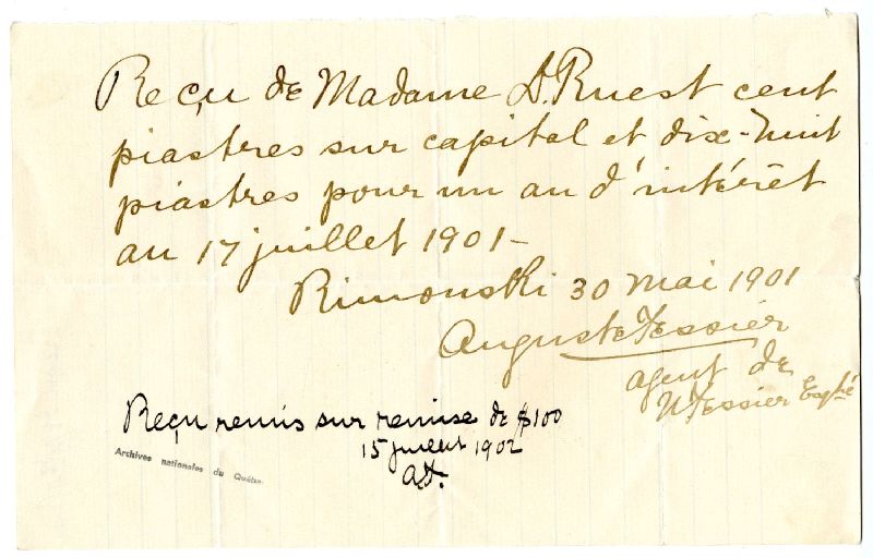 Reçu octroyé à Madame Daniel Ruest par Auguste Tessier pour le paiement ...